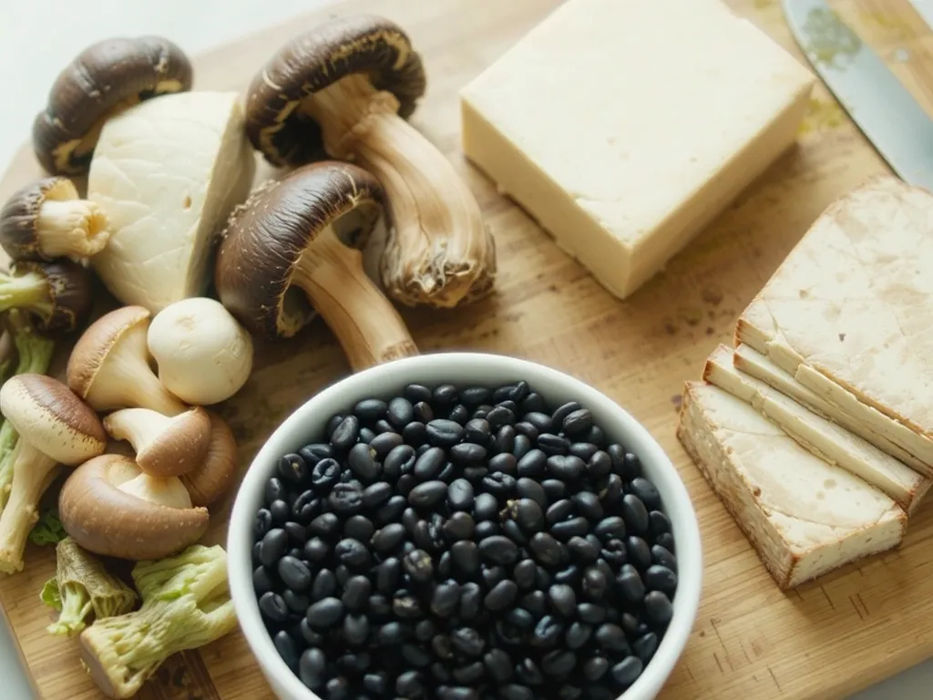 Close-up dos ingredientes chave da feijoada vegana