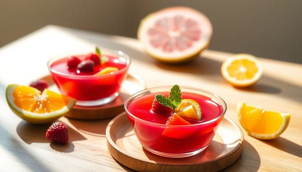 Gelatina de Hibisco com Frutas Tropicais: Uma Sobremesa Elegante e Revigorante